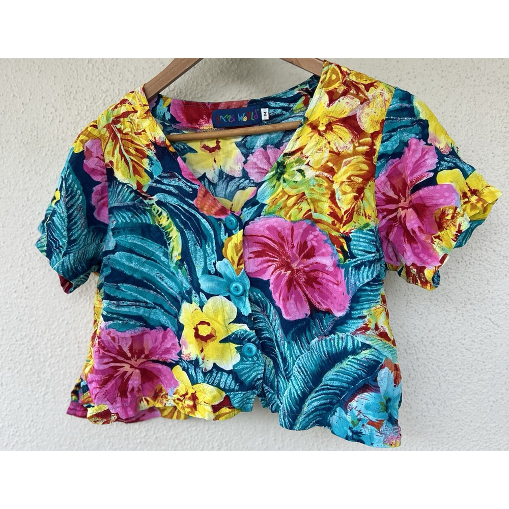 VTG Jams World Cropped Shirt Women’s M Blue Floral Hawaiian Bold Tropical USA
